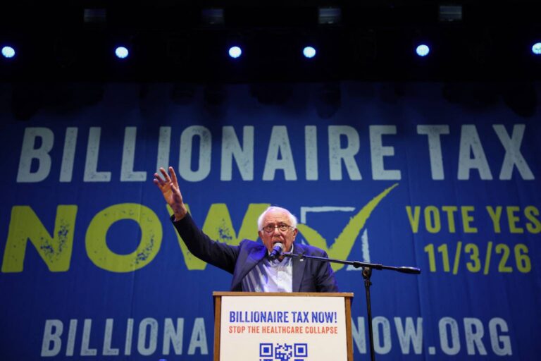 Sen. Bernie Sanders speaking at a pro-billionaire tax rally.