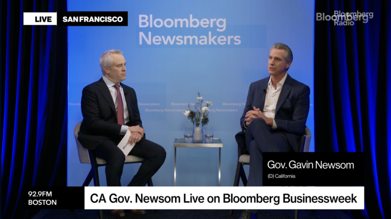 Screenshot from a video of Gov. Gavin Newsom speaking at Bloomberg Business Week