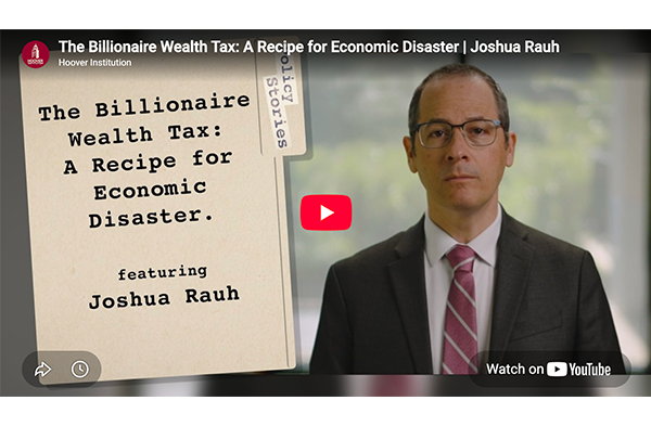 Screenshot from a video showing Joshua Rauh and a folder with the name of the video: The Billionare Wealth Tax: A Recipe for Economic Disaster.