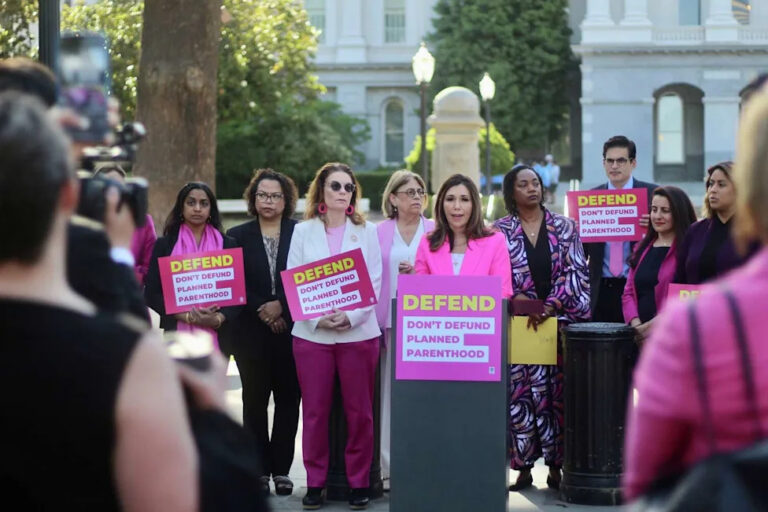 Planned Parenthood Affiliates of California President Jodi Hicks rallies with members of the California Legislative Women’s Caucus in Sacramento on May 20, 2025.